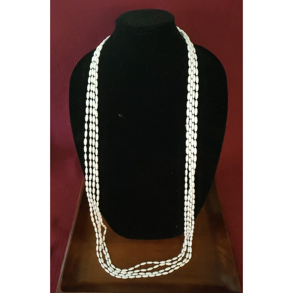Vintage Unsigned 23" Long Strand White Plastic Four Layered Beaded Necklace